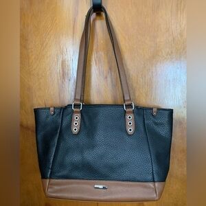 CHAPS Black and Chocolate Brown Women's Tote Bag Handbag Purse Zippers See note*